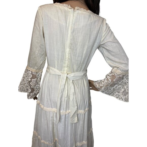 Vintage 70s Ivory Boho Praire Cottagecore Tiered Maxi Dress Crochet Bell Sleeves - Picture 7 of 16